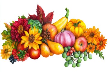 Watercolor Autumn Harvest Composition with Sunflowers, Pumpkins, Apples and Grapes, watercolor, harvest, fall