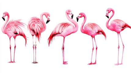 Obraz premium Five Watercolor Pink Flamingos with White Background, Tropical , Bird