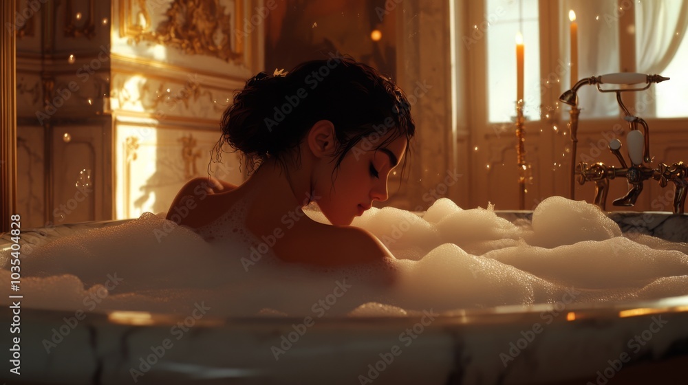 Poster a person enjoys a tranquil bubble bath, surrounded by soft candlelight in an opulent room. the ambia