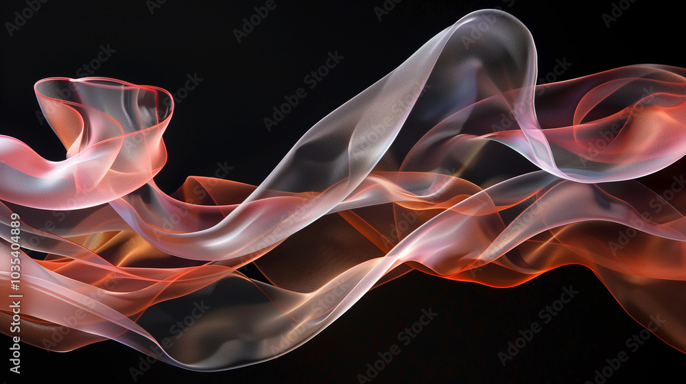 Poster abstract background translucent, fluid shapes glowing in a dark background.