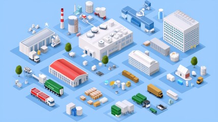 Obraz premium 3D isometric diagram of pharmaceutical manufacturing with supply chain and logistics areas