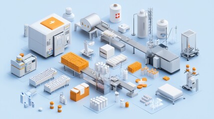 Obraz premium Isometric representation of pharmaceutical manufacturing with machines and assembly lines