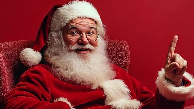 Happy Santa claus is sitting in a red armchair and pointing up with his index finger while on a red background. Blank text space for your Christmas discount, sales and announcement advertisements.