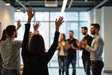 Fototapeta premium Group of colleagues engaging in applause and celebration in a modern office environment with large windows and natural lighting