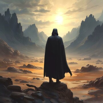 Illustration of man in cloack with spooky environment.