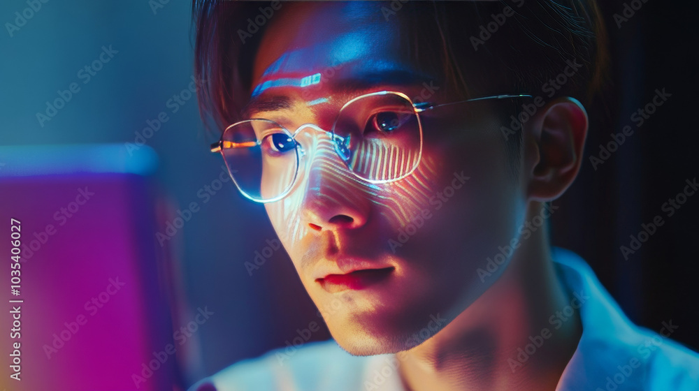 Poster an asian individual using a mobile smartphone to unlock their device through facial recognition tech