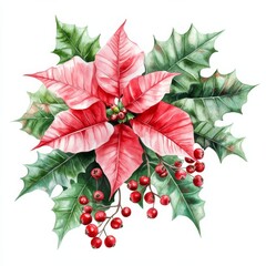 Watercolor Painting of Red Poinsettia with Green Holly and Red Berries, Christmas, Winter ,holiday