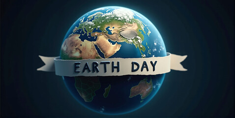 Planet Earth with Earth Day banner, joining the fight against global warming, raising awareness about the health of planet earth