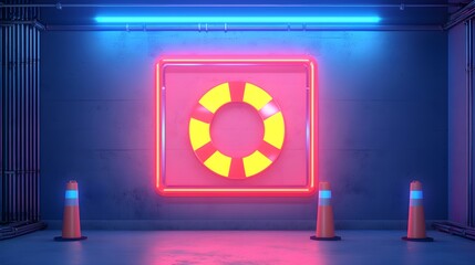 Neon lifebuoy sign in a modern urban setting
