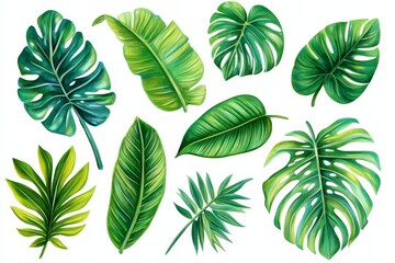 Obraz premium Watercolor Tropical Leaf Illustration Collection of Green Monstera and Palm Leaves, Botanical , Illustration
