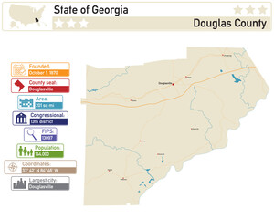 Obraz premium Detailed infographic and map of Douglas County in Georgia USA.