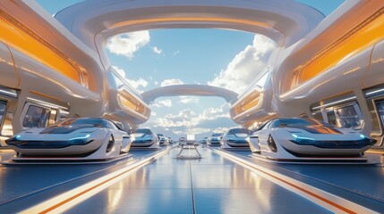 Fototapeta premium Futuristic Airport with Solar-Powered Flying Vehicles