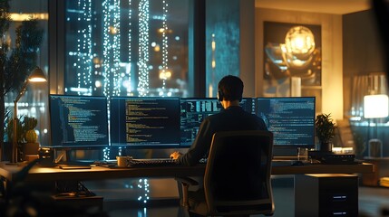 Fototapeta premium A Programmer Working Late at Night with Three Monitors Filled with Code