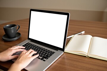 Hands typing on laptop keyboard at wooden desk with coffee cup and open notebook nearby, providing a workspace or study environment