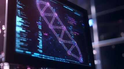 A computer screen displaying a digital representation of a DNA double helix with data code in the background.