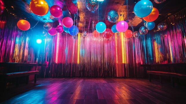 The venue is adorned with balloons and disco balls creating a nostalgic atmosphere of an adult theme