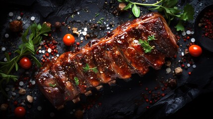 A top view of raw pork ribs with barbecue marinade and seasoning