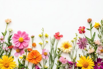 Fototapeta premium Colorful Wildflowers Arranged in a Border on White Background
