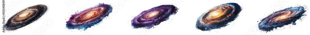 Poster exploring the five stages of galaxy evolution in deep space. set of png on transparent background