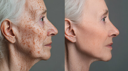 The image depicts an elderly woman's face split in half, illustrating the transformation from signs of aging to a rejuvenated appearance after cosmetic procedures, facelift and facial surgery, botox, 