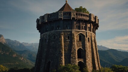 A breathtaking archer tower framed by mountains captivates all who come near