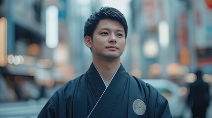 Naklejka premium Young Man in Traditional Attire in Urban Setting