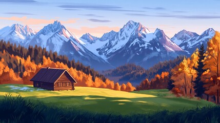 Wooden cabin on a beautiful green meadow at sunrise. Snowy mountains with orange forests and two groups of mountains in the background.