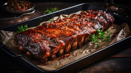 Raw pork ribs with a glaze of barbecue sauce on a baking tray
