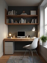 Home office interior with computer, bookshelf, and chair. 3d render Generated by AI