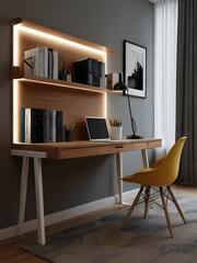 Home office interior with computer, bookshelf, and chair. 3d render Generated by AI