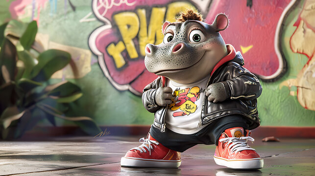 Hip baby hippo with sarcastic smirk, wearing leather jacket and stylish sneakers, stands confidently against colorful graffiti wall. This playful character exudes fun and rebellious vibe