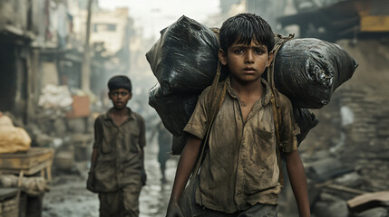 Fototapeta premium A compelling portrayal of the consequences of child labor in various industries.