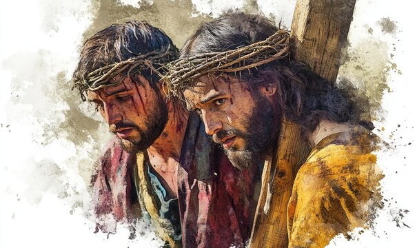 Simon of Cyrene helps Jesus carry the Cross. Digital watercolor painting, Generative AI