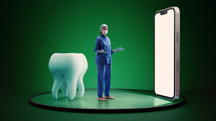 Dentist standing beside large tooth model, preparing for procedure, symbolizing dental care and hygiene. 3D model of phone with blank screen. Concept of healthcare, medicine. Online consultation
