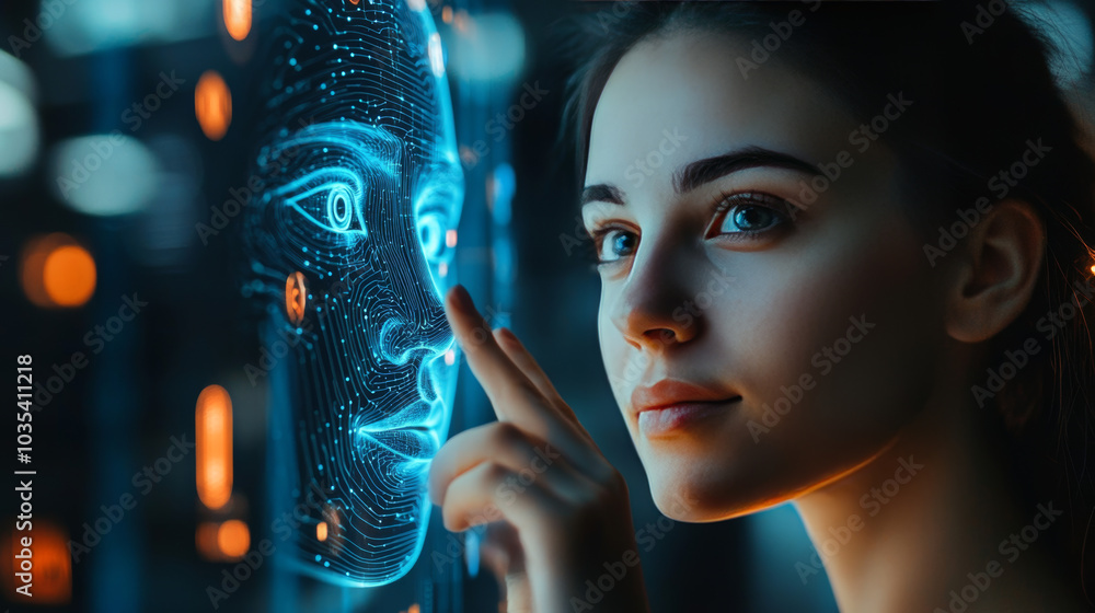 Poster a businesswoman's hand interacting with a user interface to unlock a device using facial recognition