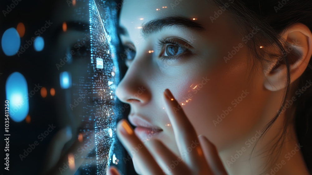Poster a businesswoman's hand interacting with a user interface to unlock a device using facial recognition