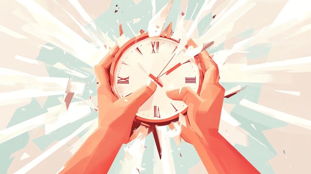Hands holding a clock with dynamic explosive background, symbolizing time management.