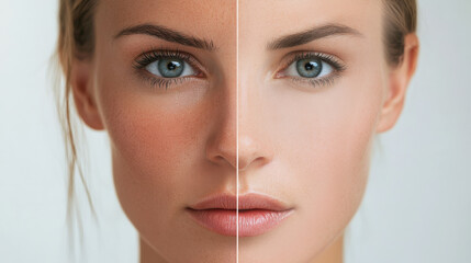 Half of the woman’s face displays signs of aging while the other half highlights the results of a facelift, showcasing rejuvenated skin and youthful appearance, facelift and facial surgery, botox