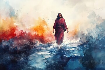 Fototapeta premium Watercolor illustration of Jesus walking