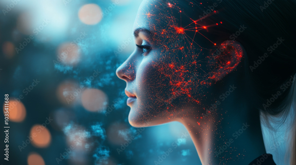 Poster a businesswoman's hand interacting with a user interface to unlock a device using facial recognition