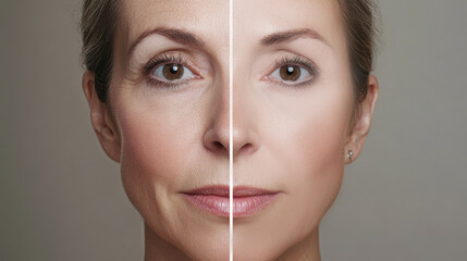A woman's face is divided in half, illustrating the stark contrast between aging and rejuvenated skin after various cosmetic enhancements and a facelift, 