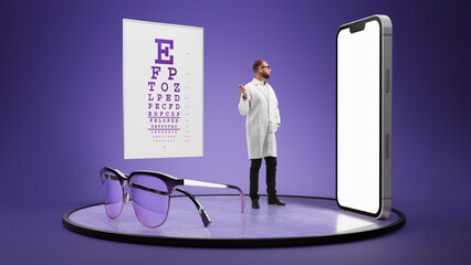 Optometrist pointing to vision chart, with glasses displayed, representing eye care and vision correction. 3D model of phone with blank screen Concept of healthcare, medicine. Online consultation