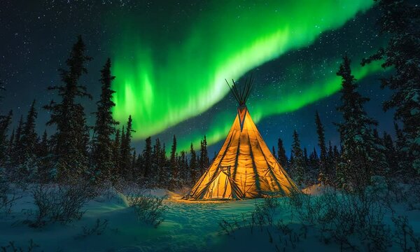 A glowing teepee under the northern lights in a snowy forest landscape.