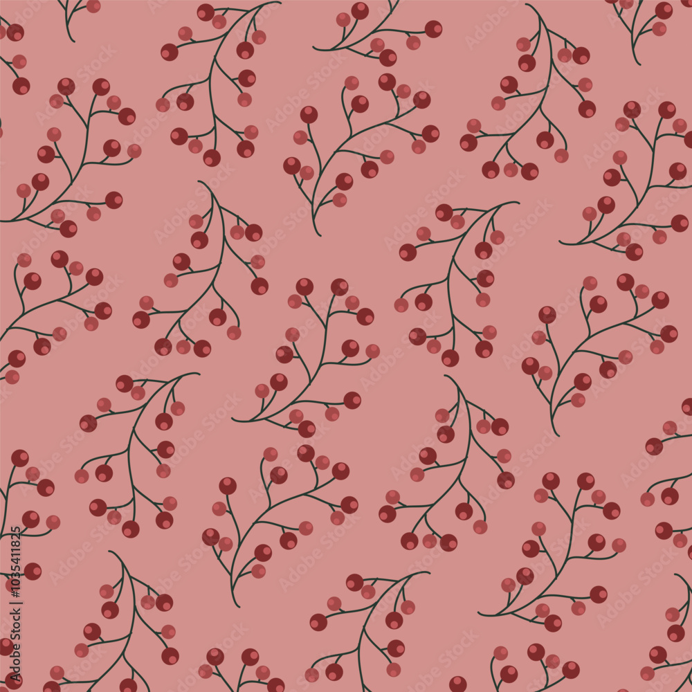 Wall mural Seamless pattern with red berries on a pink background
