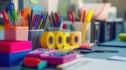 Office Supplies in Vibrant Colors and Close Up View