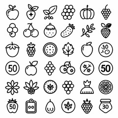 A collection of 40 line icons depicting various fruits and berries. This versatile set is perfect for creating visuals for recipes, food blogs, or any project related to fruits and vegetables.