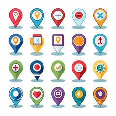 A set of 24 colorful location pin icons in flat design. These icons are perfect for mobile apps, websites.