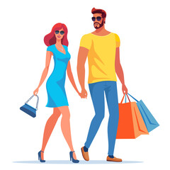 Attractive beautiful woman and her boyfriend are walking with bags in their hands