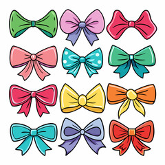 A set of twelve colorful hand-drawn bow illustrations, perfect for adding a festive touch to your designs. These cute and playful bows are ideal for scrapbooking, greeting cards, party invitations.