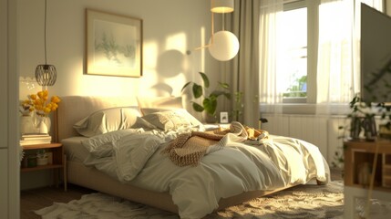 A cozy Scandinavian bedroom with a double bed, a headboard